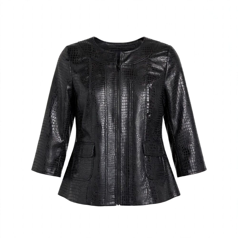Susan Graver Black Faux Leather Croc Snake Embossed Zip Jacket Small 3/4 Sleeve
